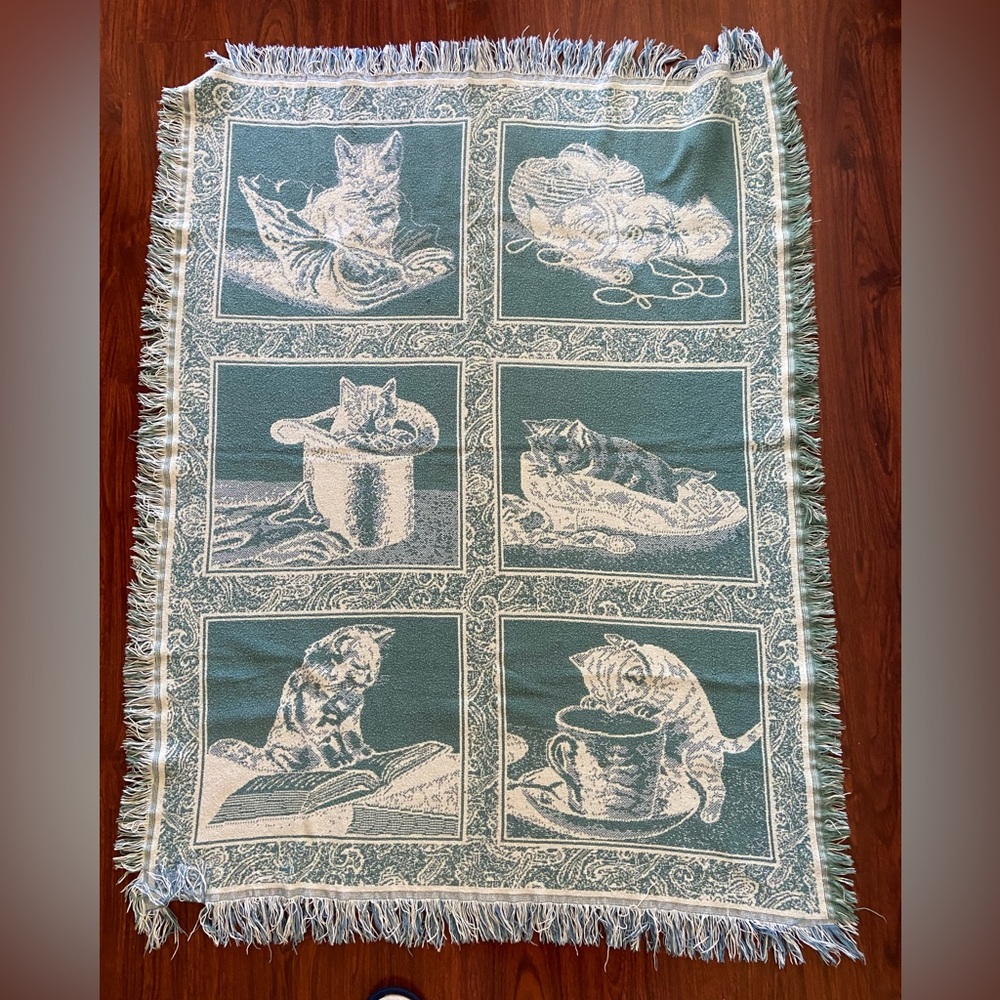CAT Kitten Aqua Blue and White Cotton Tapestry Throw Blanket - Picture 6 of 6